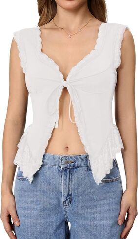 Milumia Women's Lace Trim Open Tie Front Tops Y2k Sleeveless Deep V Neck Going Out Tops in Saudi Arabia