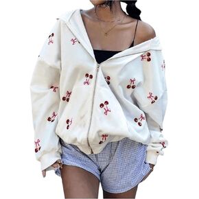 Women's Y2k Cherry Graphic Zip Up Hoodie Long Sleeve Oversized Sweatshirt with Pockets