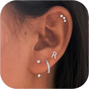 4 Pairs Initial Stud Earrings Set for Women Hypoallergenic 925 Sterling Silver Post Clear Cubic Zirconia Hoop Jackets Dainty Earrings Stacks for Multiple Piercing