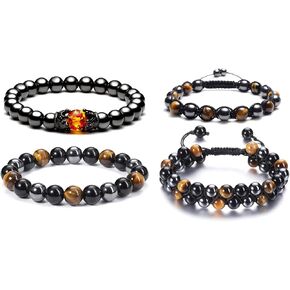 Jovivi Bundle - 2 Items Hematite Black Obsidian Tiger Eye Stone Bracelets + 2 Pcs Lava Rock Hematite Black Obsidian Tiger Eye Stone Bracelets for Women Men