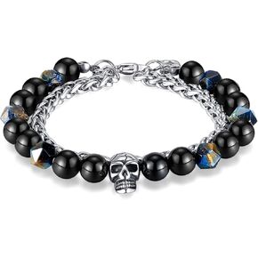 VJOSA Mens Punk Rock Skull Onyx Bead Stone Bracelet Stainless Steel Wheat Link Chain Bracelet
