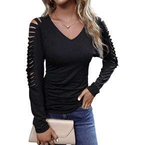 VKEGNIO Solid Ripped V Neck Shirt Women Casual Ruched Long Sleeve Tunic Shirt Cut Out Off The Shoulder Tops