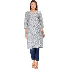 Ramkudi Women's Grey Pure Rayon Jaipuri Kalamkari Printed Kurti