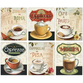 Coffee Wall Art Kitchen Decor, Vintage Coffee Canvas Posters Dining Room Decoration, Mocha Cappuccino Art Painting for Restaurant Office Man Cave Cafe Bar Wall Decor, Set of 6 - (8"x10" Unframed)