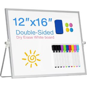 Magnetic Desktop Whiteboard with Stand, 16'' x 12'' Double-Sided Dry Erase White Board, 6 Markers, 4 Magnets, 1 Eraser, Portable White Board Easel for Kids Drawing Desk School to Do List