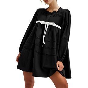 Women Long Sleeve Tunic Mini Dress Bow Tie Lace A Line Square Neck Casual Loose Flowy Babydoll Dress