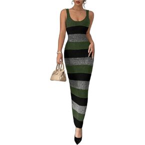 MakeMeChic Women's Colorblock Striped Sweater Dress Scoop Neck Bodycon Tank Maxi Dresses