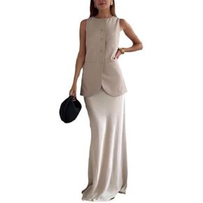 Pokn Linen Vest Women Linen Set Y2K Linen Skirt Linen Vest Tops 2 Piece Sleeveless White Linen Maxi Skirt Round Neck Tops