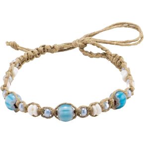 BlueRica Hemp Anklet Bracelet with Puka Shell Beads & Light Blue Beads