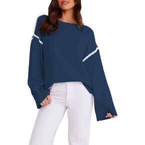 سترات نسائية كبيرة الحجم فضفاضة تناسب الخريف بياقة دائرية وكتلة ملونة بلوفر منسوج وسترة علوية in Kuwait