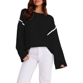 Women's Oversized Sweaters Loose Fit Fall Crewneck Color Block Knit Pullover Sweater Tops