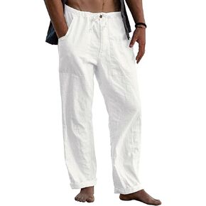 Mens Casual Linen Pants Elastic Waist Wide Leg Summer Beach Yoga Pants Linen Lounge Trousers