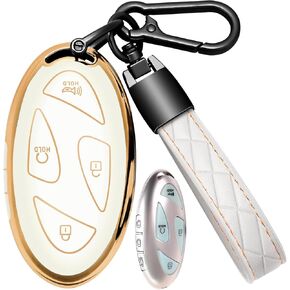 for Hyundai Ioniq 6 Key Fob Cover Soft TPU with Leather Keychain 360 Degree Protection Key Case Shell Holder Fits for Hyundai 2023 2024 Ioniq 6 Azera Grandeur GN7 Kona EV 7 Buttons(A White)