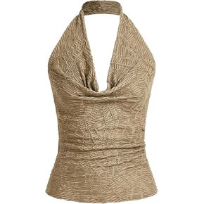 SHENHE Women's Halter Front Draped Backless Cowl Neck Textured Dressy Sexy Plunge Top