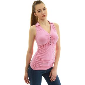 AmélieBoutik Women V Neck Ruched Button Sleeveless Polo Shirt Collared Tank Top