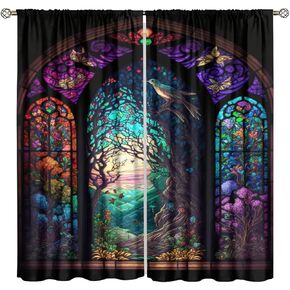 Stained Glass Blackout Window Curtains, Autumn Forest Mosaic Art Beautiful Nature Scenery Stained Glass for Home Kitchen Restaurant Decoration Window Curtain 2Panel 42" W X 45" L
