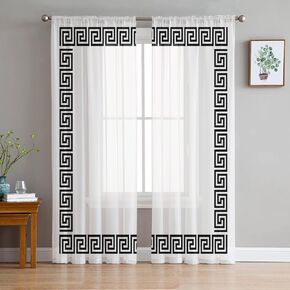 Black Geometric Sheer Curtains Modern Abstract Art Key Greek Design Semi-Sheer Curtain, Silky Voile Chiffon Window Panels Treatment for Bedroom, Living Room, Set of 2 Curtain Panels 52 x 84 inch