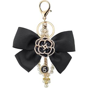 Camellia Flower Bag Charms Bow-Knot keychain with Pearl Lucky Five Chain Dangle Charm for Women's Handbags