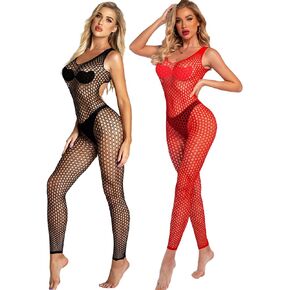 Sexy Women's Fishnet Bodystocking Lingerie Set High Elasticity Low Cut Spaghetti Strap Hollow One Size Fits All Bodysuits Jumpsuit Underwear Nightwear (Black+Red)