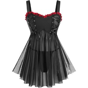 ROSE GAL Rosegal Womens Plus Size Lingerie Chemise Sleepwear Nightgown Frilled Lace-up Sheer Mesh Panel Babydoll