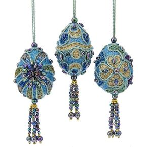 بيضة كيرت أدلر الطاووس المصغرة مع حبل أزرق مخضر وخرز قزحي الألوان وزخرفة لامعة باللون الأخضر والأزرق واللافندر - 3 متنوعة in Kuwait