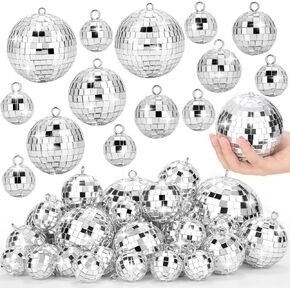 26 PCS Disco Ball, 5 Sizes Disco Ball Ornaments Mini Mirror Silver Disco Balls Cake Topper Disco Themed Party Christmas Tree Ornaments Supplies (3.2inch, 2.4 Inch, 2 Inch, 1.6 Inch, 1.2 Inch)