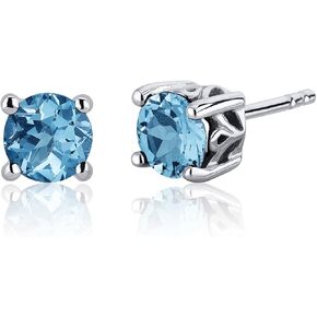 Peora Swiss Blue Topaz Stud Earrings in Sterling Silver, Solitaire Round Shape, 6mm, 2.00 Carats total, Designer Scroll Gallery, Friction Backs, Sparkling Blue Gem Earrings,