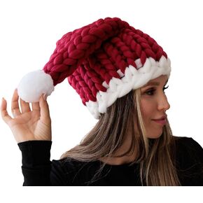Pinup Doll Hand Knitted Chunky Unique Santa Hat, Festive Red Beanie for Christmas Parties, Women's Slouchy Christmas Hat