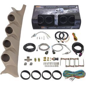 GlowShift Diesel Gauge Package Compatible with Ford Super Duty F-250 F-350 Power Stroke 1999-2007 - Tinted 7 Color 60 PSI Boost, 1500 F EGT, Transmission Temp & Fuel Pressure Gauges - Tan Pillar Pod