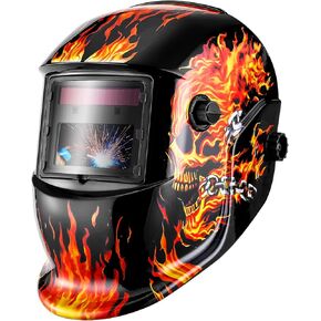 DEKORPO Welding Helmet Auto Darkening: True Color Solar Powered Auto Darkening Welding Helmets Welder Mask Hood (Flaming Skull)