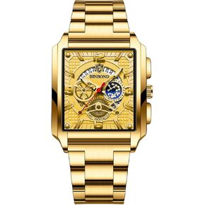 Analogue Qaurtz Square Wrist Watch: Men Gold Waterproof Luminous Hands Rectangle Date Wristwatch Stainless Steel Tank Chronograph Watches