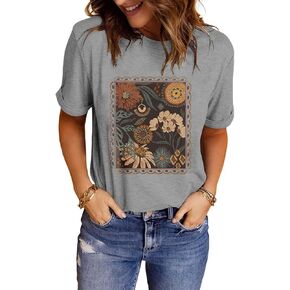 MZEAZRK Womens Summer Graphic Tee Shirts Cottage-Core Cute Boho Short Sleeve Tshirt Teen Girls
