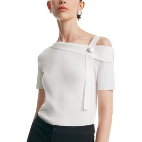 Women's One Shoulder Short Sleeve Knit T-Shirt Dressy White Pullover Slim Fit Business Casual Tops for Women