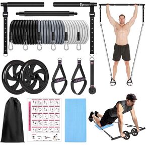 Pilates Bar Kit with Resistance Bands, Pilates Equipment Exercise Bar with Ab Roller for Abs Workout, Portable Home Gym Yoga Fitness Bar for Women & Men