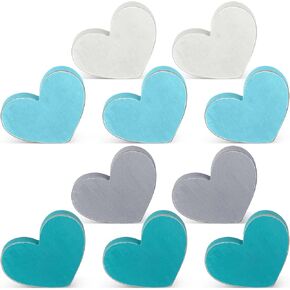 10Pcs Valentine Day Wooden Heart Decor Teal Blue Heart Tiered Tray Decor Rustic Farmhouse Table Sign Natural Wood Heart Block Valentine Centerpiece Tabletop Decor Gift for Home Decor Living Room Shelf
