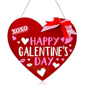 Happy Galentine's Day Wooden Hanging Sign Valentines Day Door Hanger Wood Heart Door Wreaths with Red Pink Buffalo Bowtie for Galentines Day Hanging Valentines Day Door Decor
