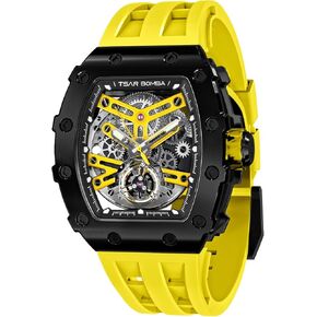 TSAR BOMBA Automatic Tonneau Carbon Fiber Bezel Luxury Mens Watches 50M Waterproof Skeleton Mechanical Stylish Watch for Men Simple Men’s Silver Wrist Watch Cool Unique Watch with Silicone Strap