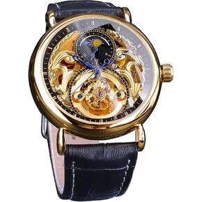 FORSINING Luxury Men's Watch with Moon Phase & Tourbillon, Retro Skeleton Hollow Self-wind Mechanical Wristwatch, Leather Belt Automatic Movement Men Watches