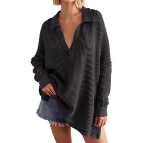 Women Oversized Waffle Knit Sweatshirts Long Sleeve V Neck Lapel Collared Polo Shirts Loose High Low Pullover Tops