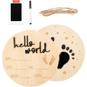 Baby Announcement Sign, 5.9in Wooden Hello World Sign Footprint Design Baby Welcome Sign with Ink Pad Birth Baby Name Plaques for Newborn Boys Girls Photo Props Baby Shower Hospital Nursery