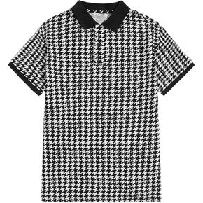 Verdusa Men's Houndstooth Print Golf Shirt Collar Button Front Business Shirt Top