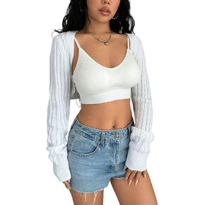WDIRARA Women's Open Front Long Sleeve Crop Cardigan Sweater Drop Shoulder Knit Bolero Shrug
