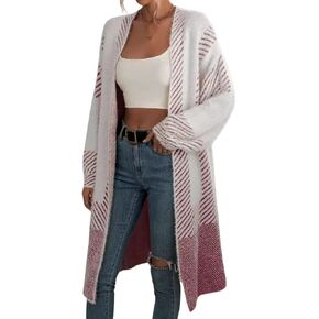 Women's Fuzzy Color Block Striped Cardigan Sweaters Open Front Diagonal Stripe Chunky Knit Coatigan Coat