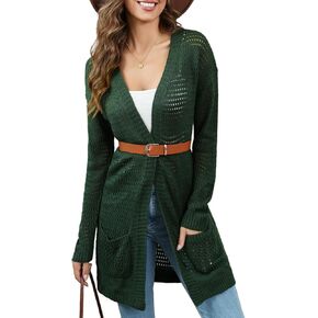 Women's Crochet Cardigan Sweater Lightweight Long Sleeve Open Front Oversized Hollow Out Knit Cardigans with Pockets Belt