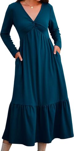 Women's Dresses Fall Long Sleeve V Neck Twist Knot Front 2024 Casual Pleated Winter Thicker Maxi Dress with Pockets in Saudi Arabia