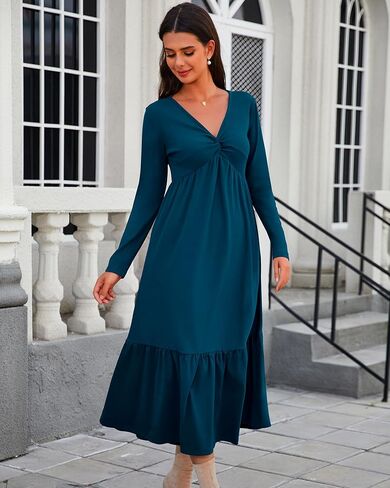 Women's Dresses Fall Long Sleeve V Neck Twist Knot Front 2024 Casual Pleated Winter Thicker Maxi Dress with Pockets in Saudi Arabia