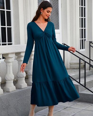 Women's Dresses Fall Long Sleeve V Neck Twist Knot Front 2024 Casual Pleated Winter Thicker Maxi Dress with Pockets in Saudi Arabia