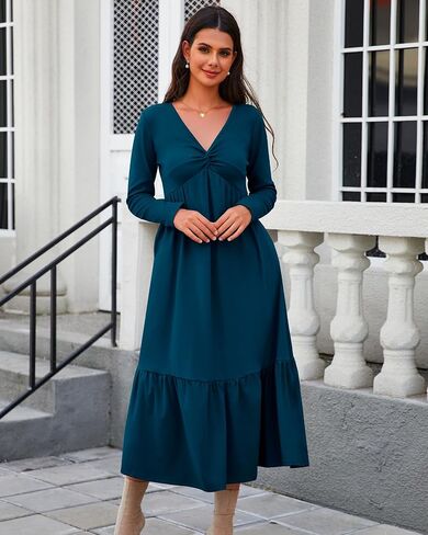 Women's Dresses Fall Long Sleeve V Neck Twist Knot Front 2024 Casual Pleated Winter Thicker Maxi Dress with Pockets in Saudi Arabia
