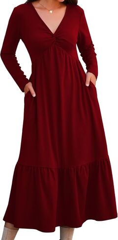 Women's Dresses Fall Long Sleeve V Neck Twist Knot Front 2024 Casual Pleated Winter Thicker Maxi Dress with Pockets in Saudi Arabia