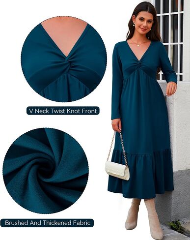 Women's Dresses Fall Long Sleeve V Neck Twist Knot Front 2024 Casual Pleated Winter Thicker Maxi Dress with Pockets in Saudi Arabia